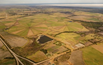 Irrigation, irrigation rings, reservoir, agriculture, wind turbines, coastal fog, clouds, Clarkson,