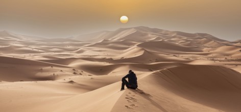 A person sitting in the Erg Chebbi desert in the African Sahara, Morocco, Africa