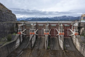 Dam on like Colbun in Chile. Aerial view drone photography