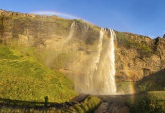 Rainbow at Seljalandsfoss waterfall, South Iceland, Iceland, Europe