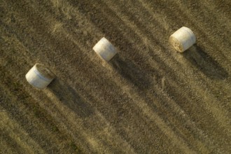 Aerial documentation of the classic straw balers in the fields in the summer season