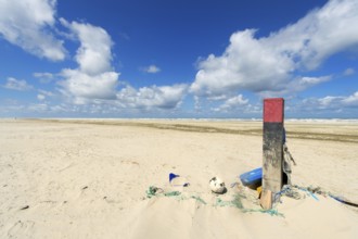 Wooden pole with rubbish at the beach of Dutch wadden island Terschelling