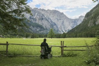 Happy man on wheelchair in nature. Exploring forest wilderness on an accessible dirt path