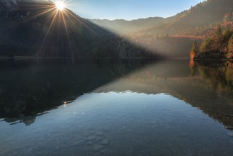 Contemplative autumn landscape with wooded hills, autumn forest, and the Alpsee lake, on a sunny