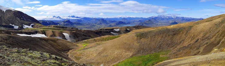 Panorama Icelandic landscape at Fjallabak, on the Laugevegur hiking trail. Travel and tourism in