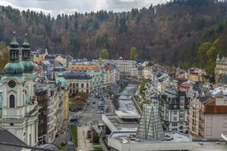 View of historical center of Karlovy Vary from hill, Czech republic