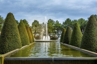 Lisse, Netherlands spring landscape, touristic park with water fountain in Keukenhof