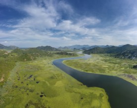 Aerial view of Rijeka Crnojevica, beautiful river between mountains flowing into Skadar Lake,