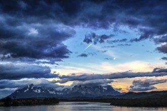 View over Lago Paine to the Cuernos and Torres del Paine, Torres del Paine National Park,