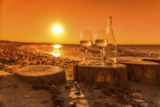 Wine on the baltic sea beach at sunset