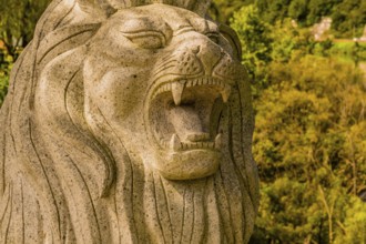 Daejeon, South Korea, September 16, 2019: Closeup of statue of lion roaring on display at Road