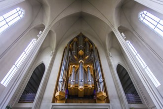 REYKJAVIK, ICELAND, JULY 06: Interior view of the pipe organ and architectural design of