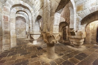 Leyre, Spain, August 10, 2019 : Interior of the ancient romanesque crypt of the Church of Holy