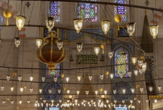 A picture of the colorful and gorgeous interior of the Suleymaniye Mosque, in Istanbul