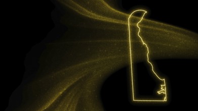Map of Delaware, Gold glitter map on dark background