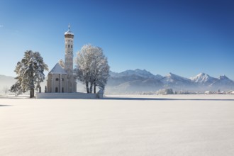 St Coloman on a sunny winter's day, Allgäu, Germany, Europe