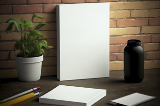 Book cover blank white vertical design template on a table, room interior