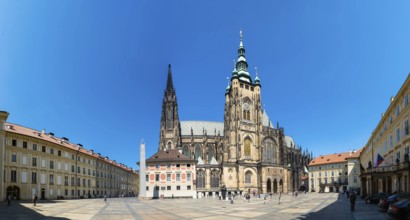 Prague, Czech Republic, 08 01 2020 Panoramic view over the square and facades of the Prague Castle,