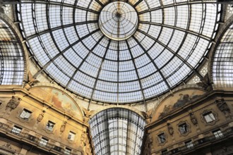 Vittorio Emanuele II Gallery, glass dome seen from the arcade, first covered shopping arcade in the