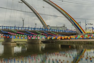 Youngdong County, South Korea. April 25, 2019: Paper lanterns hanging from bridge in preparation