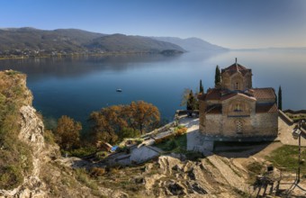 Ohrid, North Macedonia, 1 November, 2022: view of the church of Saint John and Lake Ohrid in North