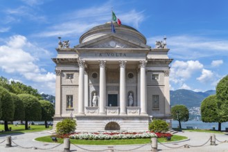 COMO, ITALY, AUGUST 6, 2021: Museum Tempio Voltiano exterior on Lake Como, dedicated to the Italian