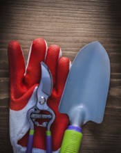 Protective glove steel gardening pruning shears and trowel agriculture concept