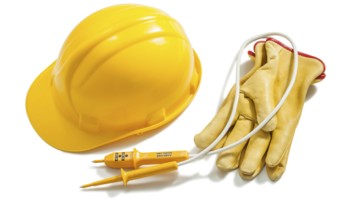 Construction helmet electric tester leather gloves isolated on white