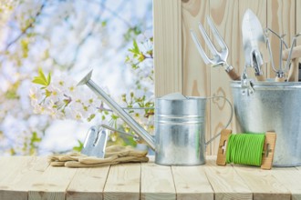 Garden articles on wooden table in garden