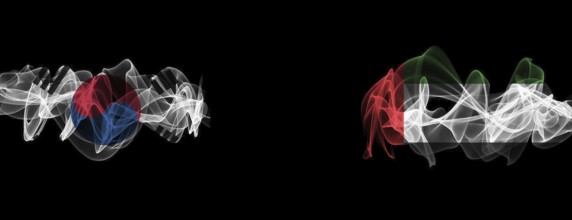 Flags of South Korea and UAE on Black background, South Korea vs United Arab Emirates Smoke Flags