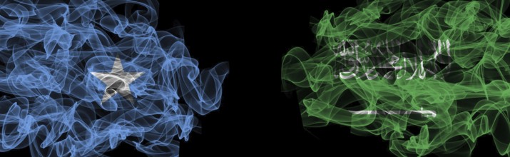 Flags of Somalia and Saudi Arabia on Black background, Somalia vs Saudi Arabia Smoke Flags