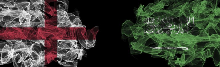 Flags of England and Saudi Arabia on Black background, England vs Saudi Arabia Smoke Flags