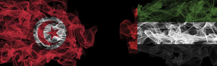 Flags of Tunisia and UAE on Black background, Tunisia vs United Arab Emirates Smoke Flags
