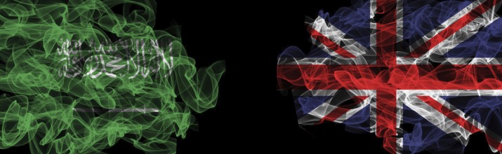 Flags of Saudi Arabia and United Kingdom on Black background, Saudi Arabia vs United Kingdom Smoke