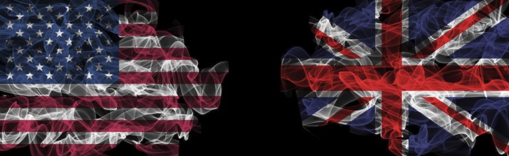 Flags of USA and United Kingdom on Black background, USA vs United Kingdom Smoke Flags