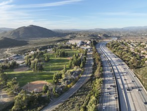 Aerial view of interstate 15 highway with in vehicle. San Diego, South California, USA, North