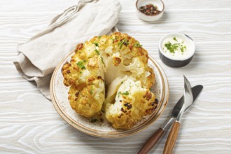 Whole roasted head of cauliflower with olive oil on plate on white wooden rustic table top view