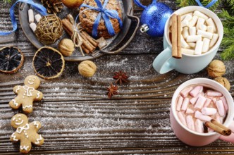Flat lay Christmas background of two mugs of hot chocolate with marshmallows, spruce branch and