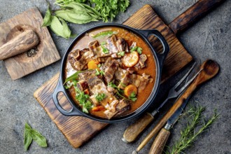 Food, Bourguignon beef ribs stewed with onion, carrot in red wine
