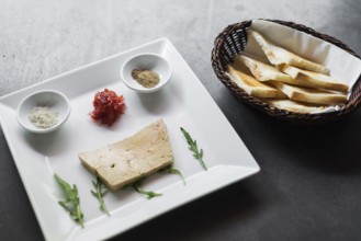 French traditional foie gras pate and toast starter set