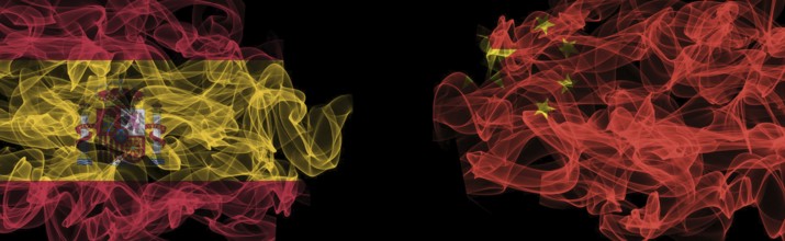Flags of Spain and China on Black background, Spain vs China Smoke Flags
