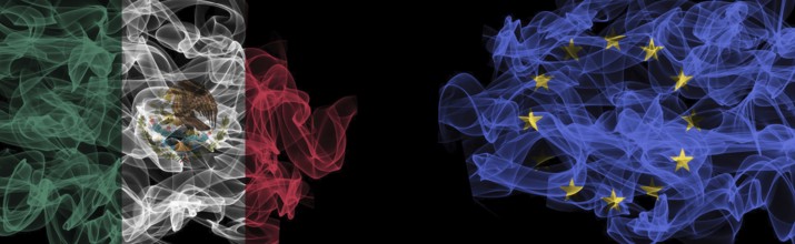 Flags of Mexico and EU on Black background, Mexico vs Europe Union Smoke Flags