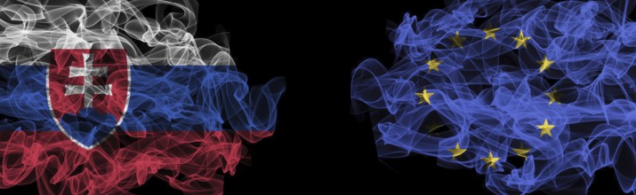 Flags of Slovakia and EU on Black background, Slovakia vs Europe Union Smoke Flags