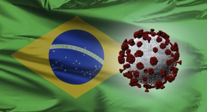 A Brazilian flag with a Covid-19 virus. South Brazilian variant