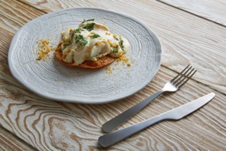 Fish with mayonnaise and parsley on crunchy tortilla molecurar gastronomy