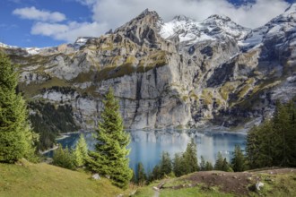 Amazing turquoise Oeschinnensee in Swiss Alps, Kandersteg, Bernese Oberland, Switzerland, Europe