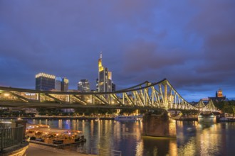 Frankfurt Germany, night city skyline at Main River and business skyscraper