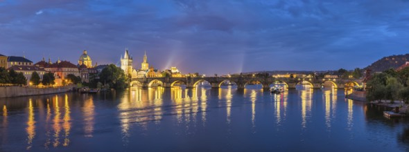 Prague Czechia Czech Republic, panorama night city skyline at Charles Bridge and Prague old town