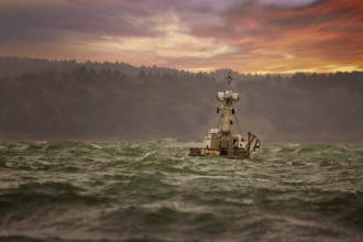 Fishing Boat Moored in a Storm at Sunrise, Color Image
