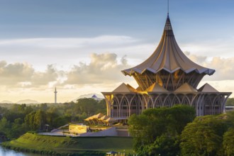 View of the Esplanade on the riverside in Kuching, Malaysia, Borneo during sunset, Asia